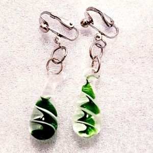 2" Silver Green Swirl ClipOn Murano Glass Earrings